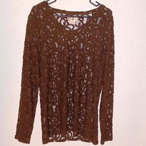 Ariat: Brown, Long Sleeve, Sheer, Crocheted, Lace, Shirt, XL